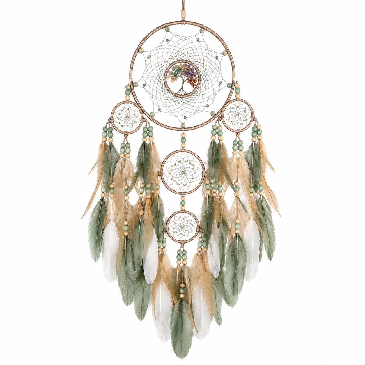 Atrapasueños colgante 50 x 105 cm con cordón plumas y cuentas verde beige estilo bohemio