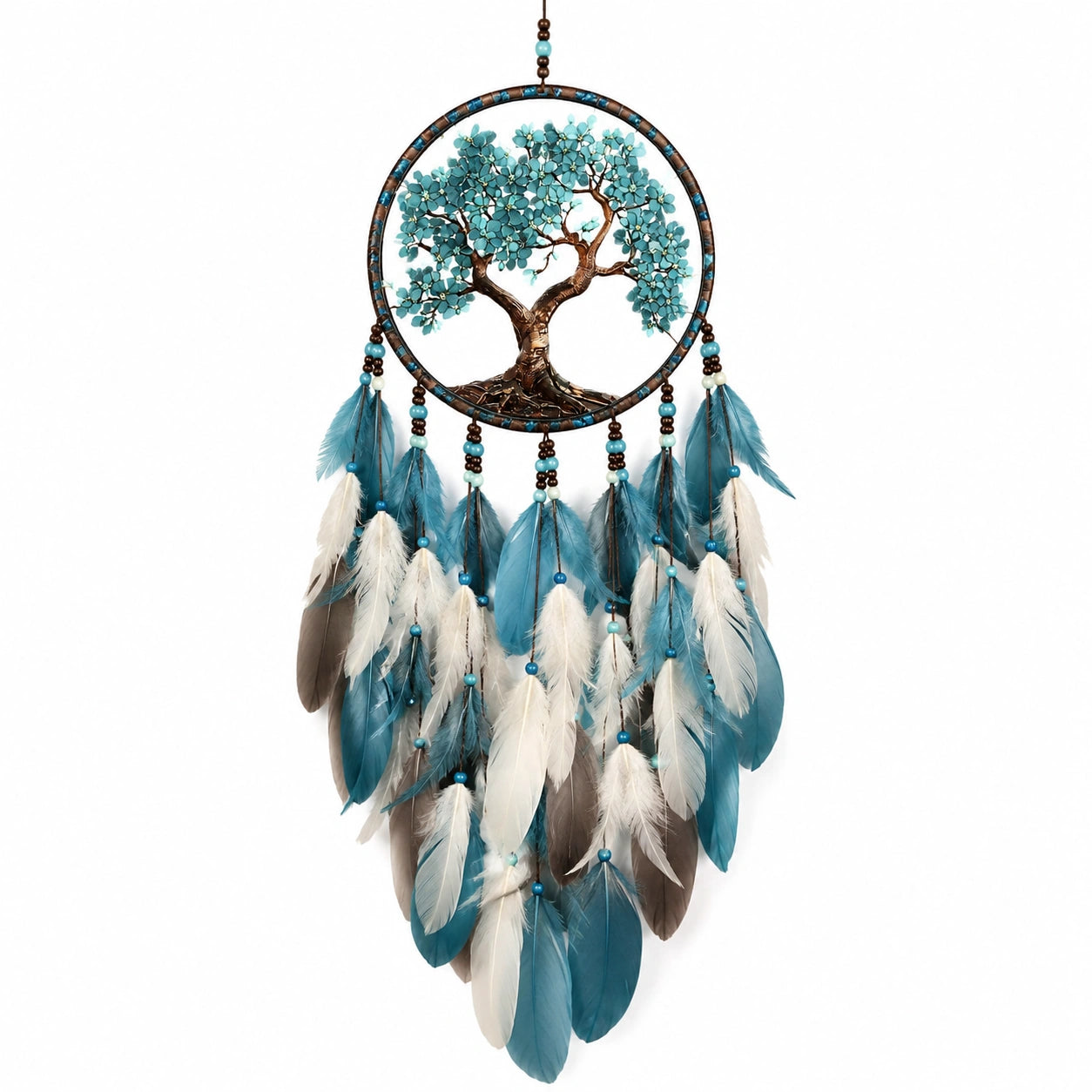 Atrapasueños 35 x 80 cm con árbol decorativo plumas azules y blancas estilo bohemio