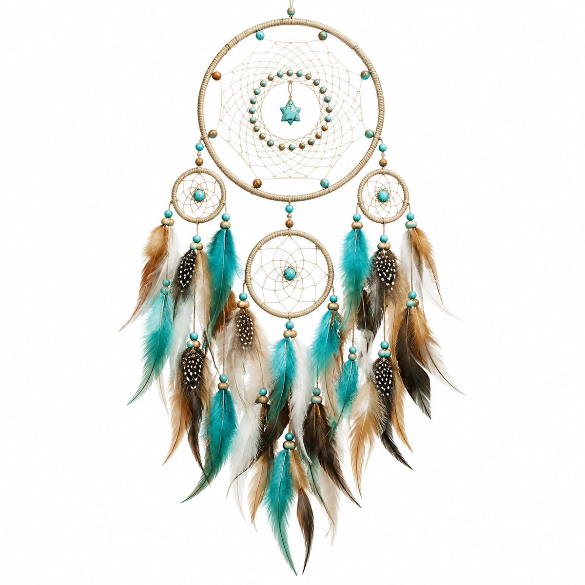 Atrapasueños 50 x 100 cm de cordón beige con plumas turquesa estilo bohemio