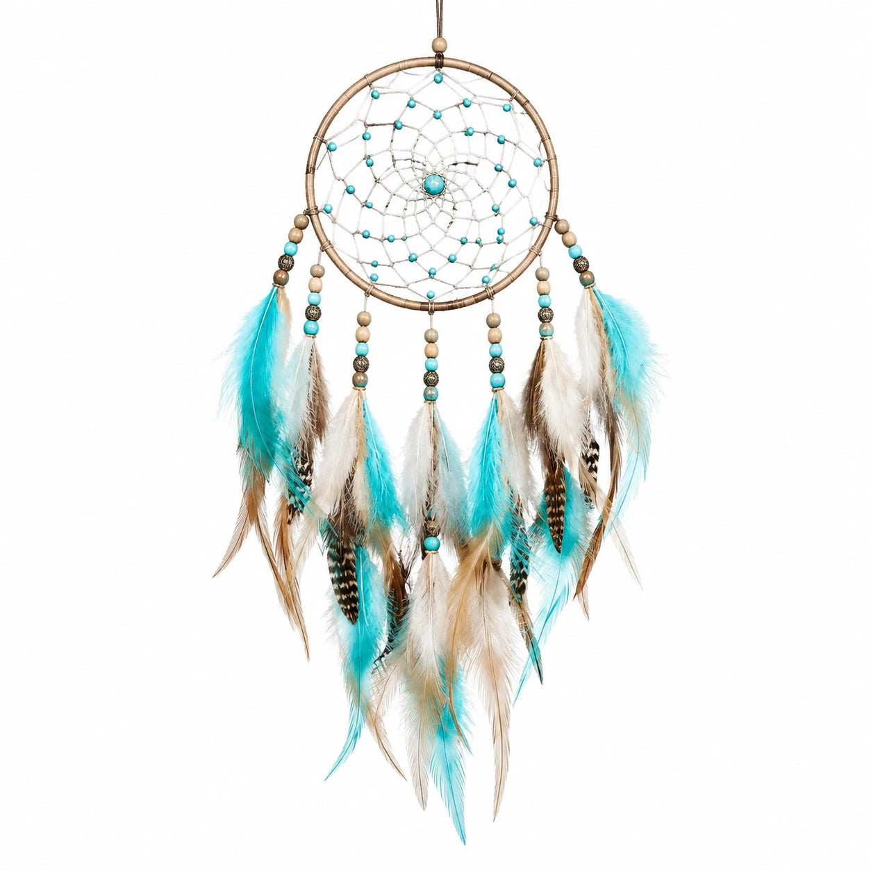 Atrapasueños colgante 30 x 85 cm con aro metálico cordón y plumas turquesa estilo bohemio