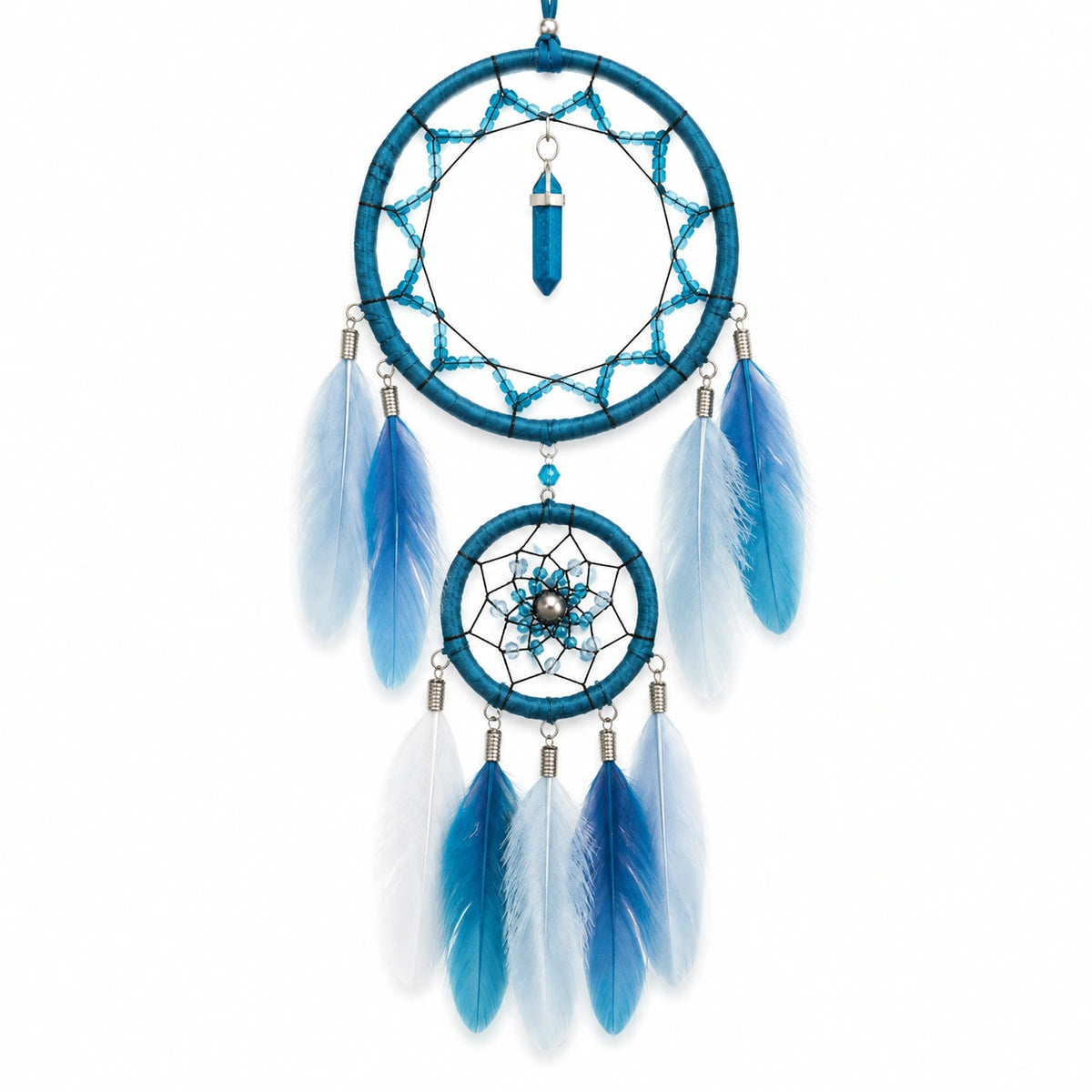 Atrapasueños 25 x 70 cm azul con plumas y cuentas decorativas para pared