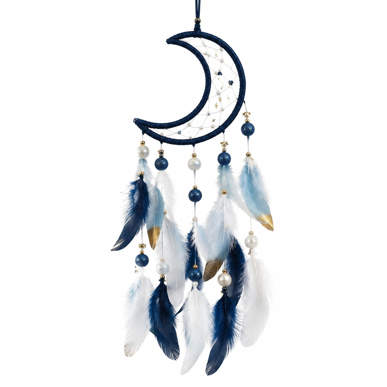 Atrapasueños colgante luna azul y blanco con plumas 20 x 60 cm