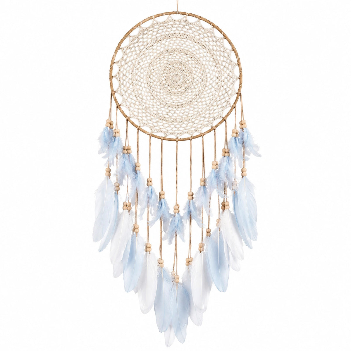 Atrapasueños colgante 40 x 90 cm de hilo beige y azul claro con plumas estilo bohemio