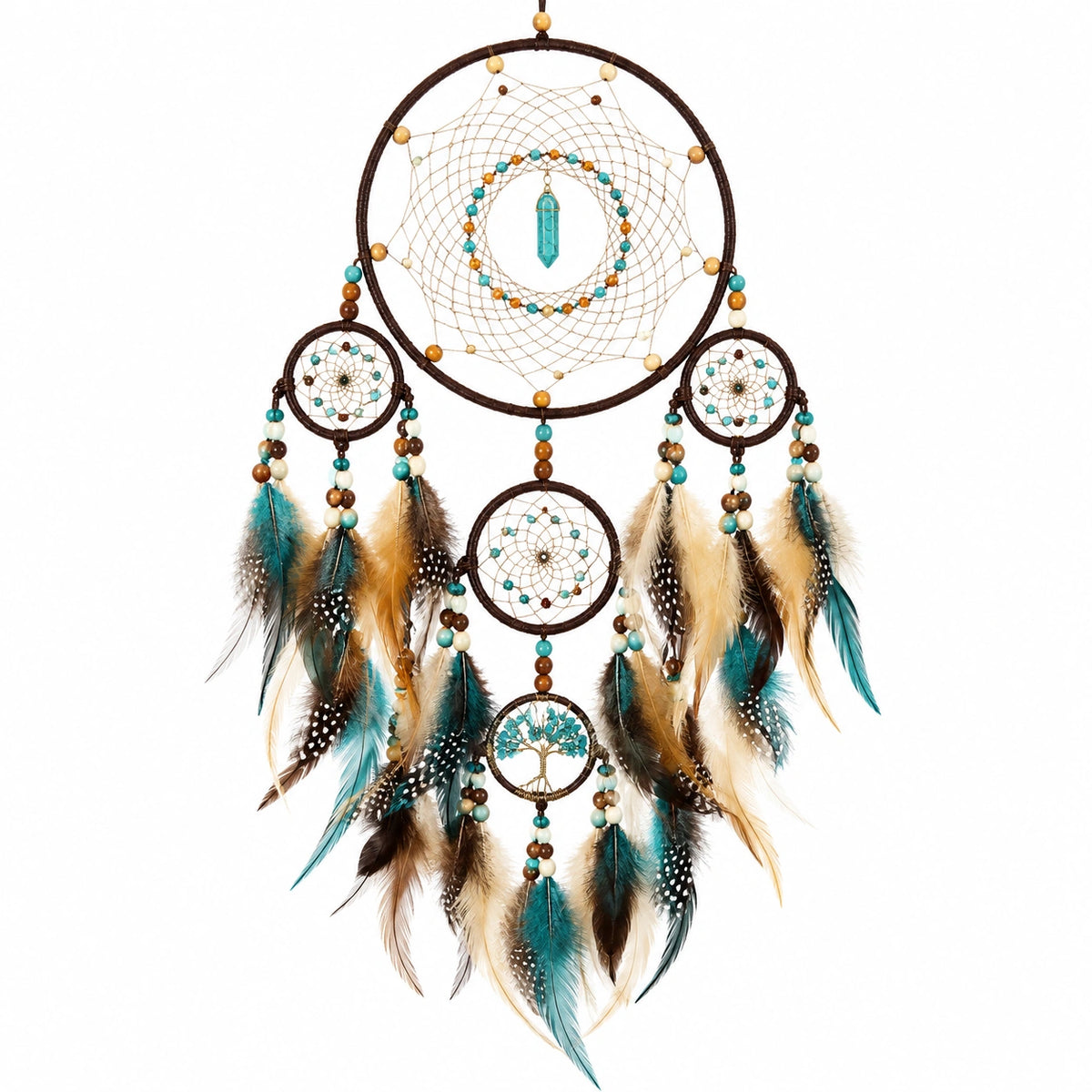 Atrapasueños 50 x 100 cm con cordón tejido plumas turquesa y marrón para pared estilo bohemio
