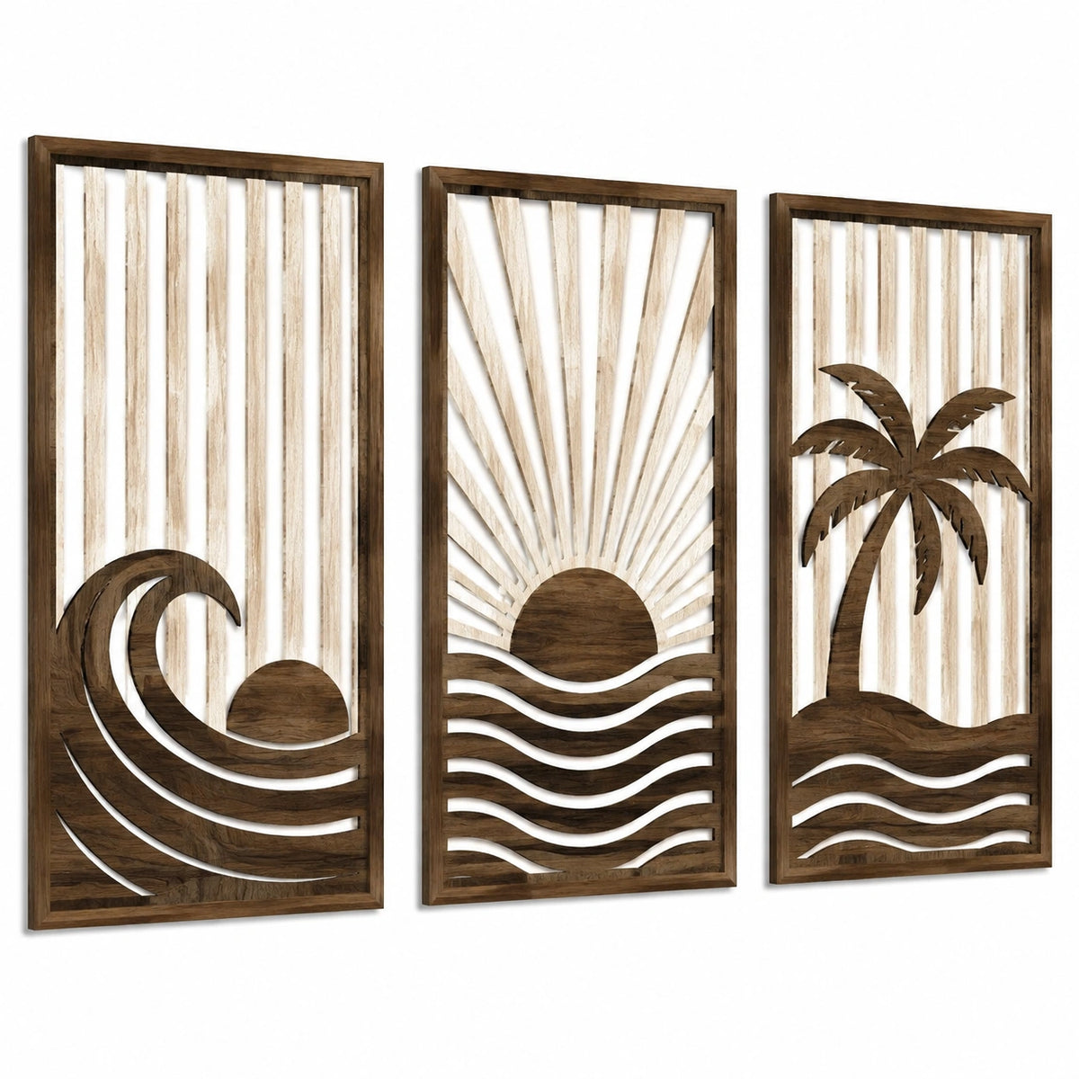 Set de 3 paneles decorativos de pared 40 x 90 cm de madera marrón y beige estilo costero