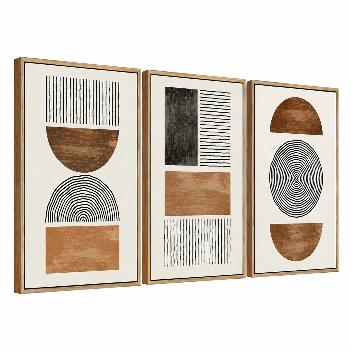 Set de cuadros decorativos 50 x 70 cm con marco de madera marrón - arte geométrico abstracto para pared