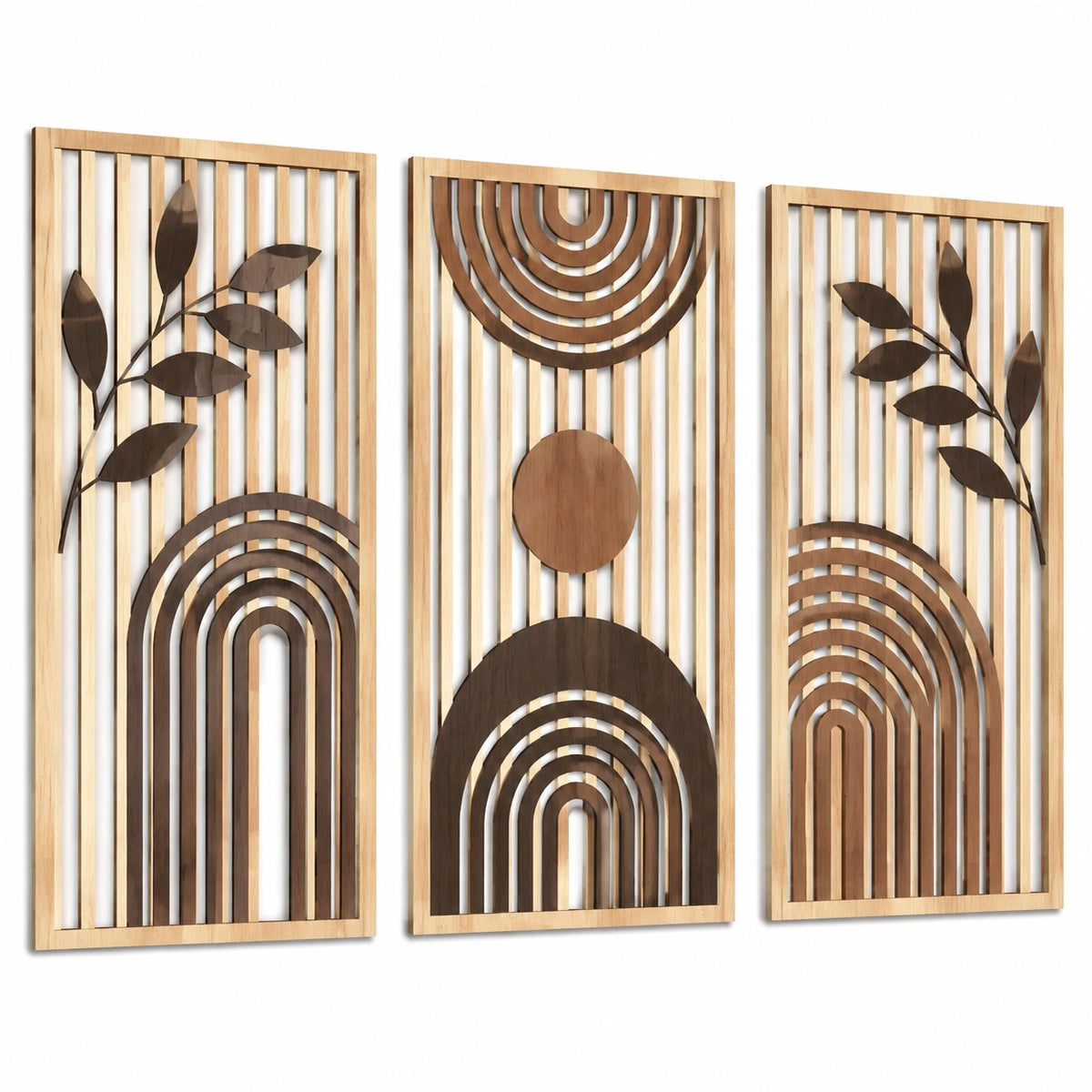 Set de 3 paneles decorativos de pared 40 x 100 cm de madera marrón natural - diseño geométrico y vegetal