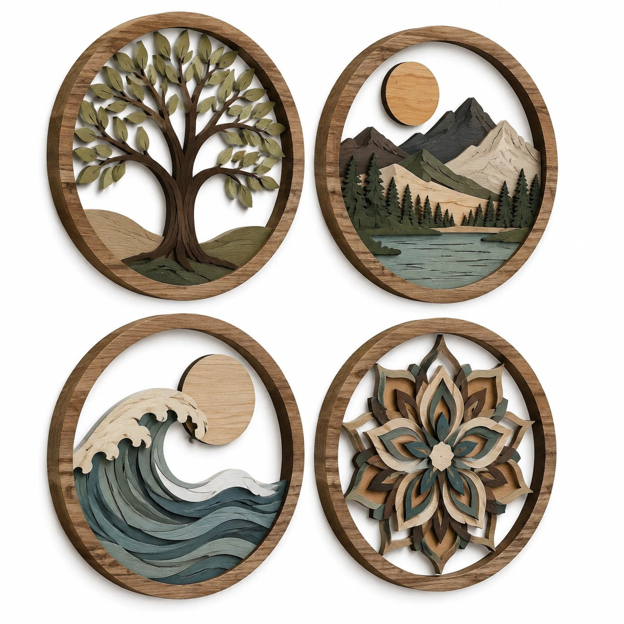 Set de 4 decoraciones de pared redondas de madera 30 cm marrón verde estilo natural