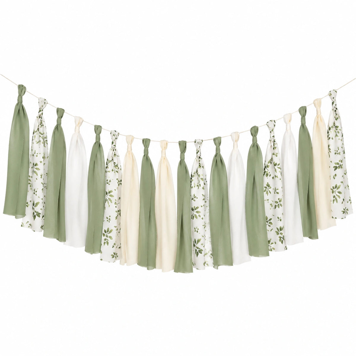 Guirnalda de borlas 200 cm de tejido verde blanco y crema para decoración de fiesta estilo botánico