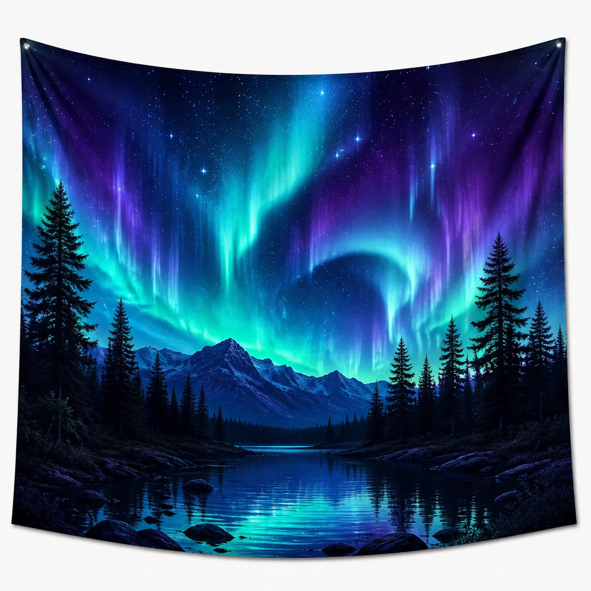 Tapiz decorativo 150 x 130 cm de poliéster azul y morado con aurora boreal para pared
