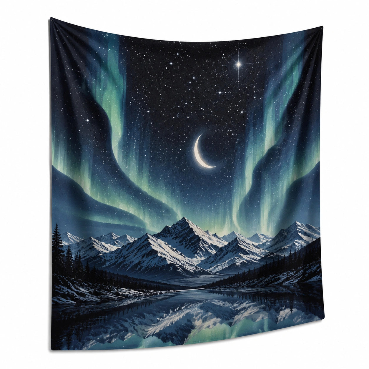 Tapiz de pared 150x130 cm de poliéster azul con aurora y montañas - decoración paisajística