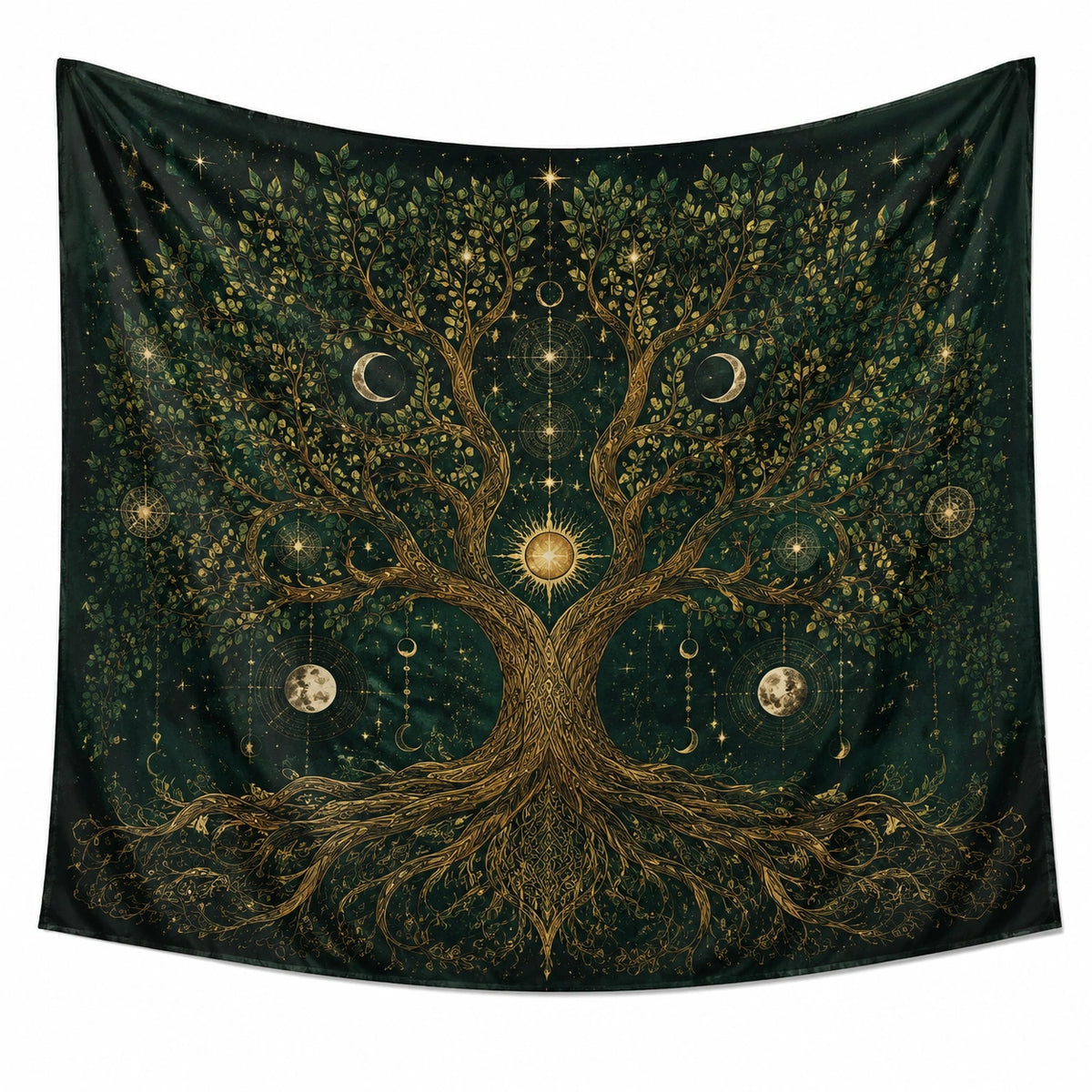 Tapiz de pared 150 x 150 cm poliéster verde oscuro dorado árbol celestial decorativo