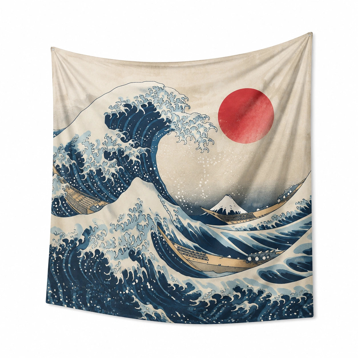 Tapiz de pared 150 x 150 cm de poliéster beige con olas azules para decoración estilo ilustrado