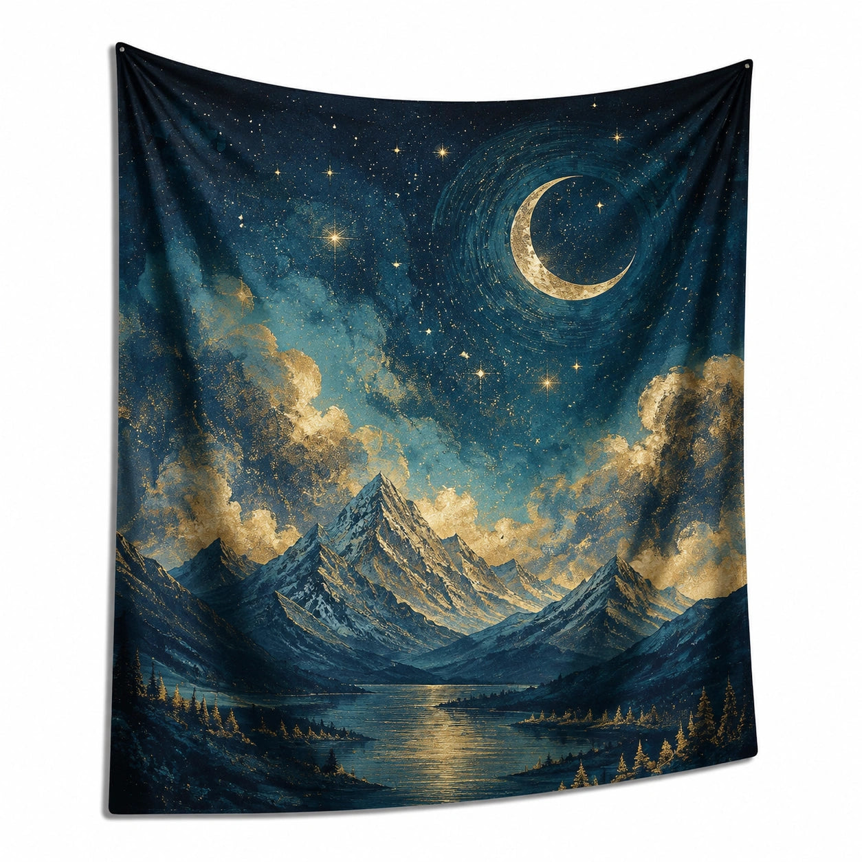 Tapiz de pared 150 x 130 cm de poliéster azul oscuro con paisaje nocturno