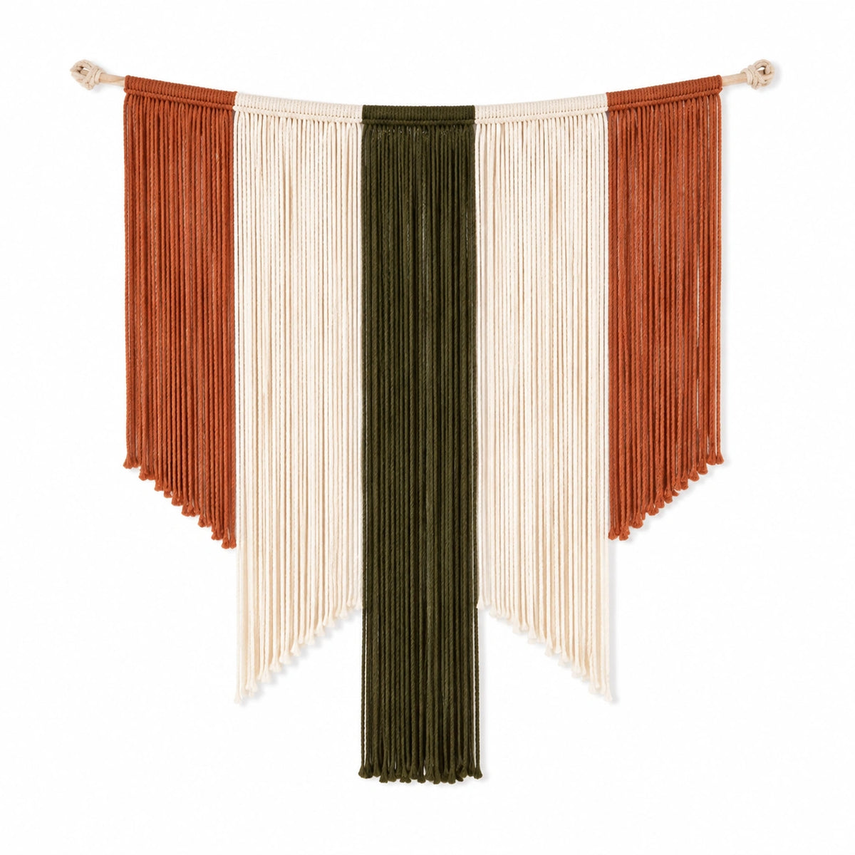 Tapiz de pared 100 x 90 cm de cordón textil terracota crema y verde oliva con flecos