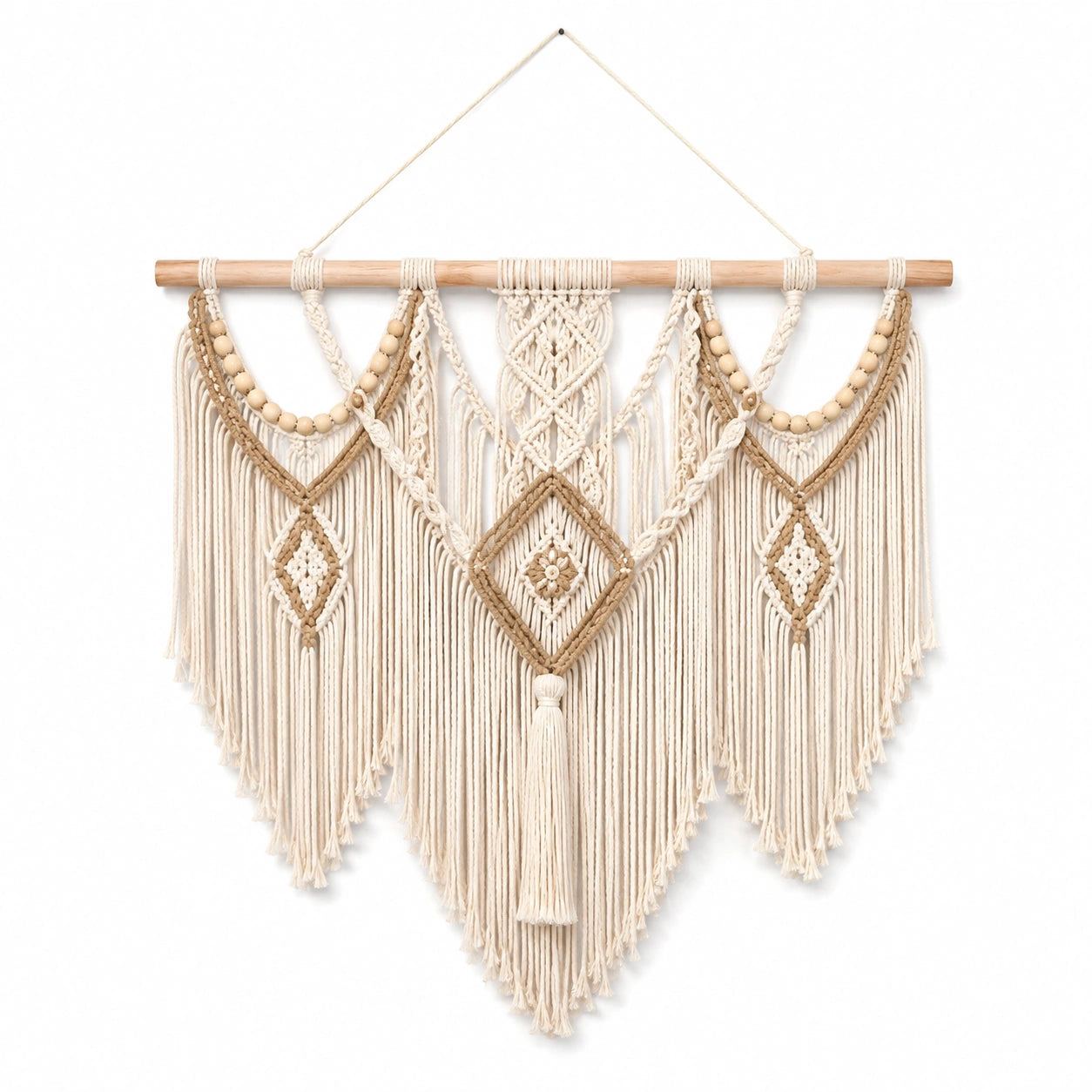 Tapiz de pared de macramé 90 x 110 cm de algodón beige con barra de madera estilo bohemio