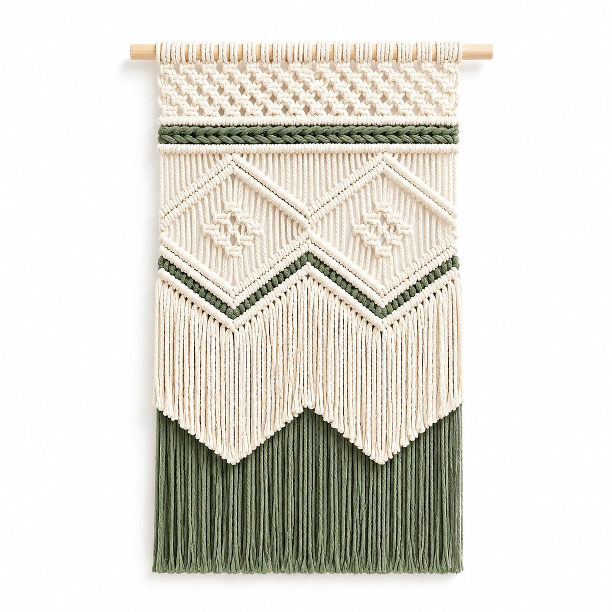 Tapiz de pared 45 x 90 cm de algodón crema y verde con flecos estilo bohemio