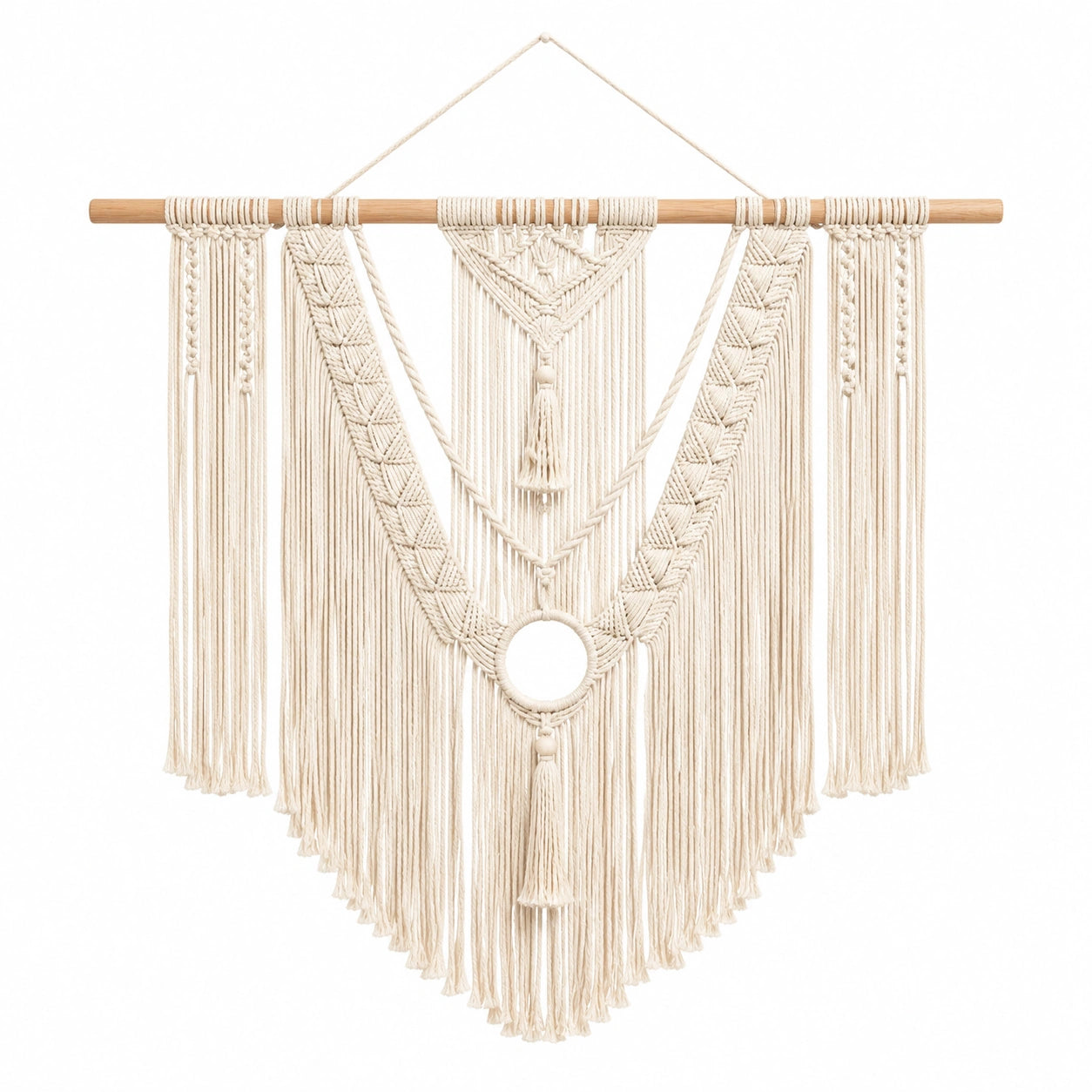Tapiz de pared de macramé 100 x 120 cm en algodón beige con barra de madera estilo bohemio