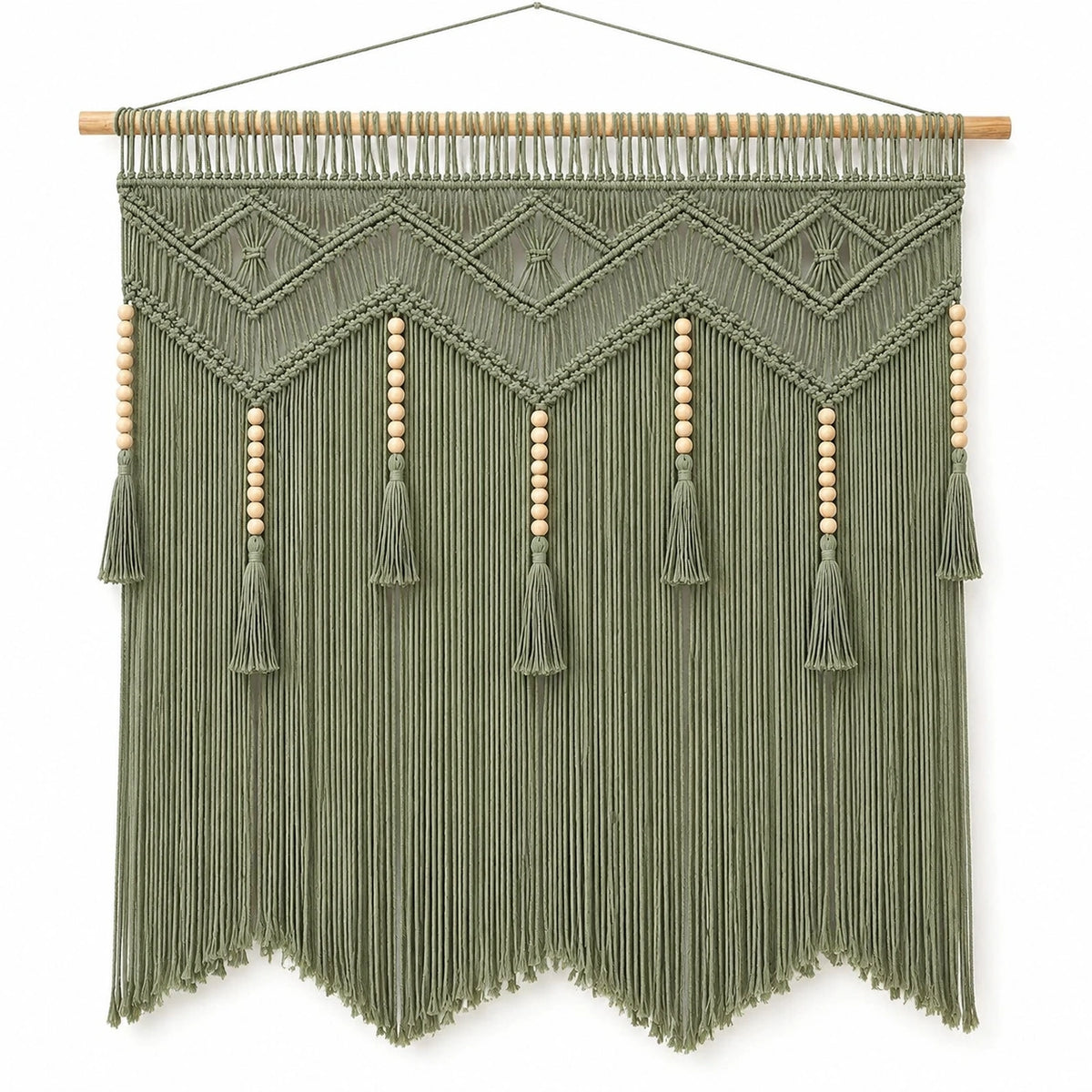 Tapiz de pared 100 x 120 cm de fibras textiles verde con flecos estilo bohemio