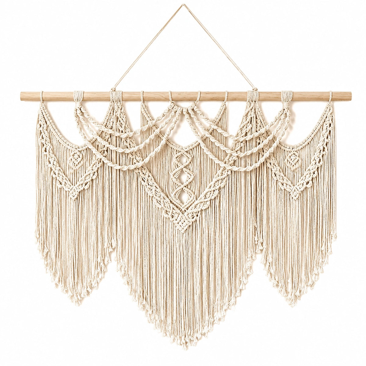 Tapiz de pared 100 x 100 cm de algodón beige con barra de madera estilo bohemio